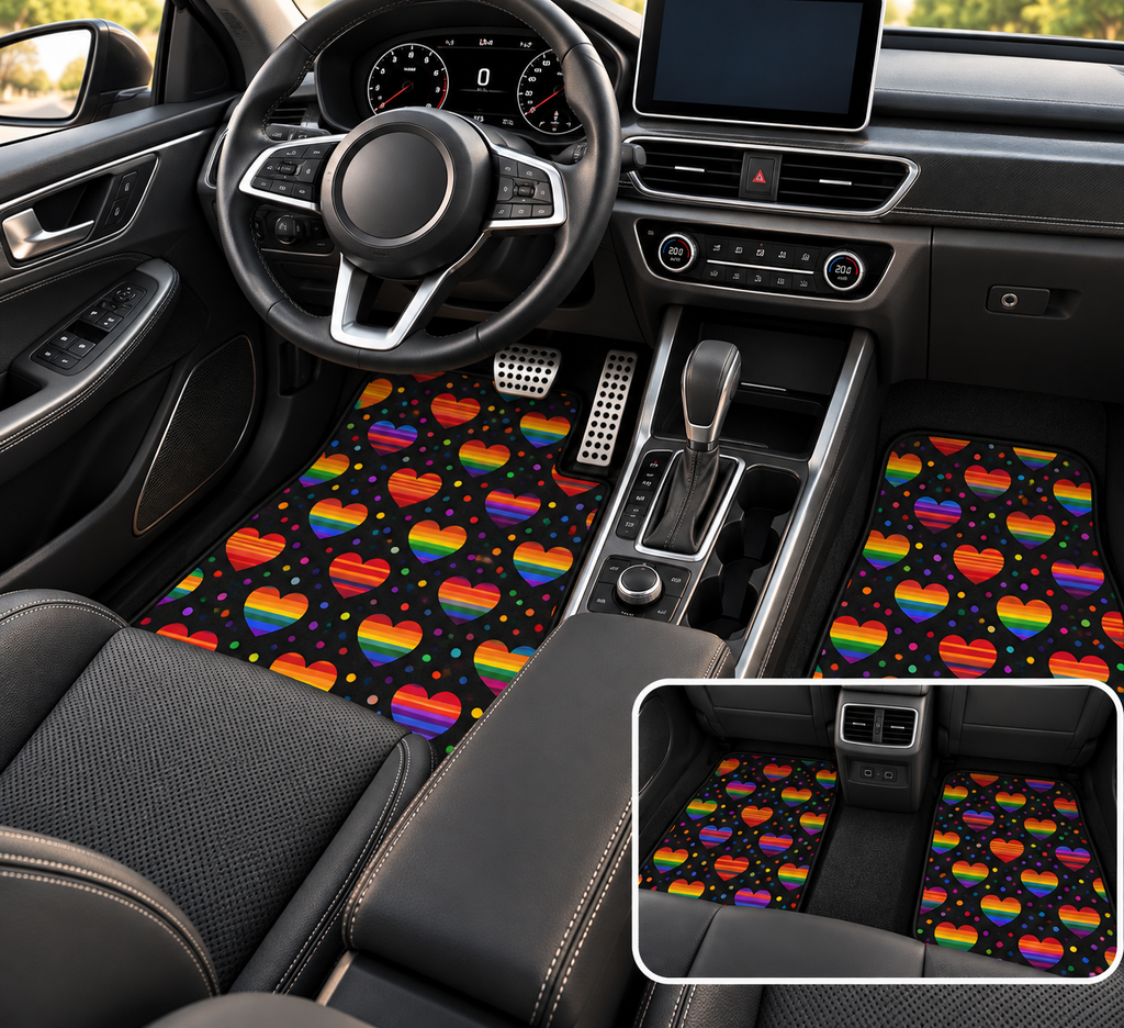Black rainbow heart car mats shown in a car interior