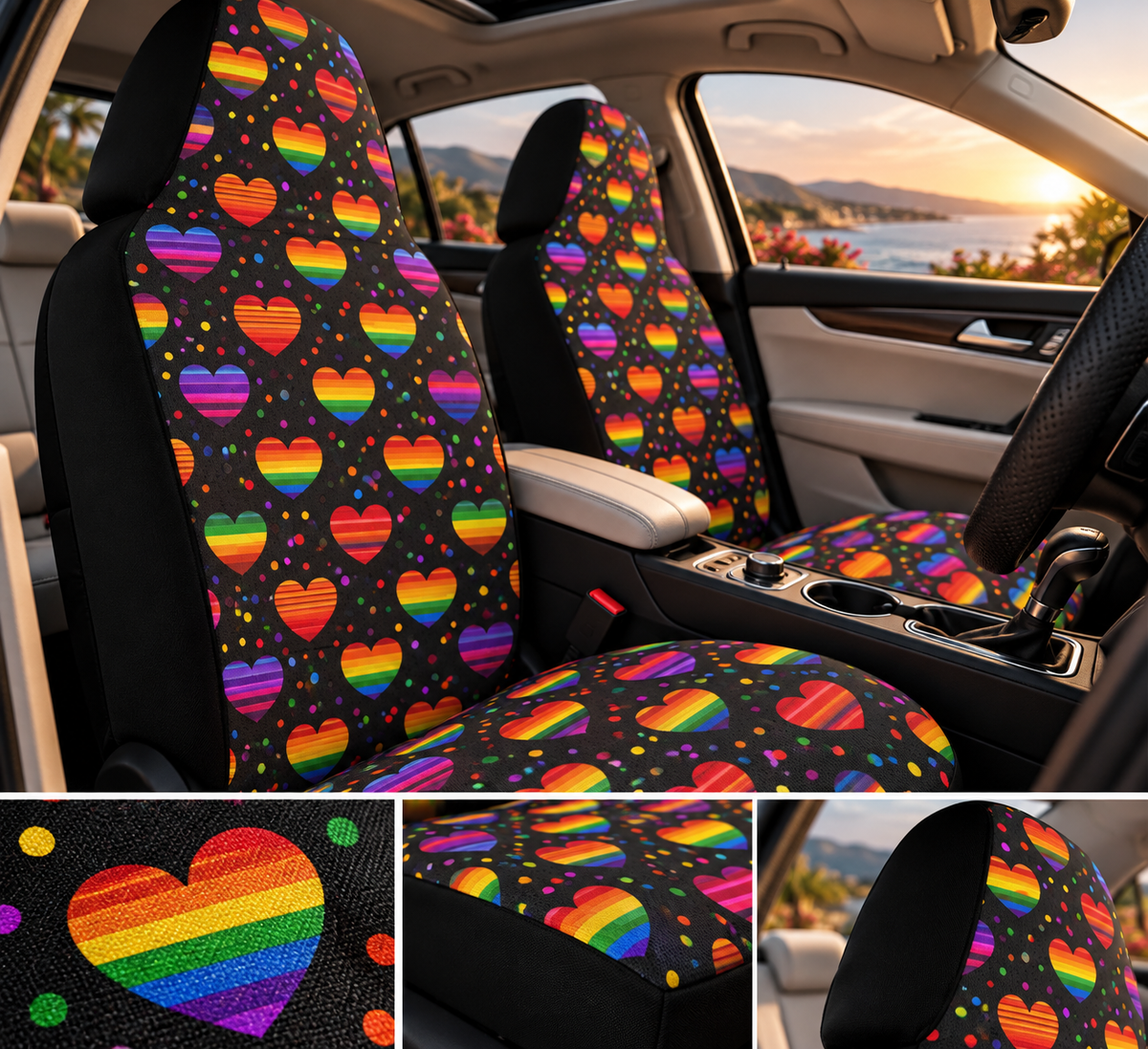 Black rainbow heart car seat covers shown in a car interior