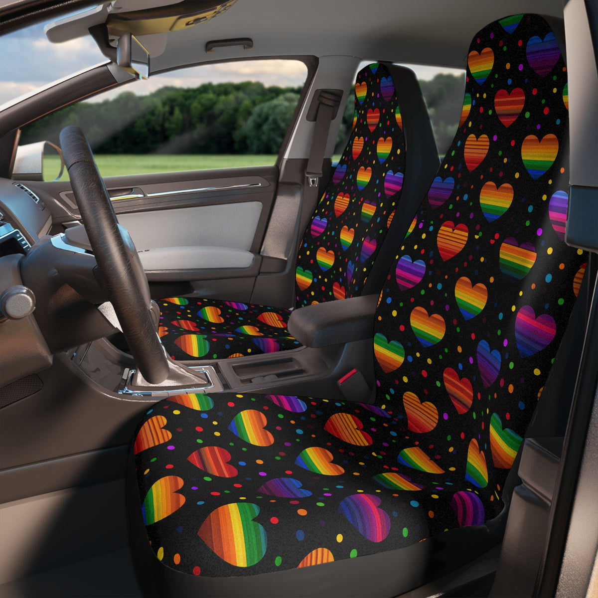 Black rainbow heart car seat covers, product view 3