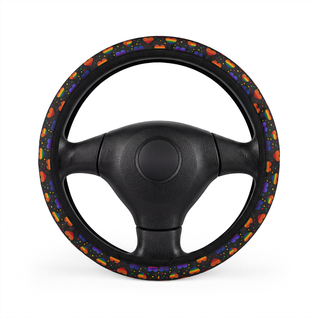 Black rainbow heart steering wheel cover, on a steering wheel