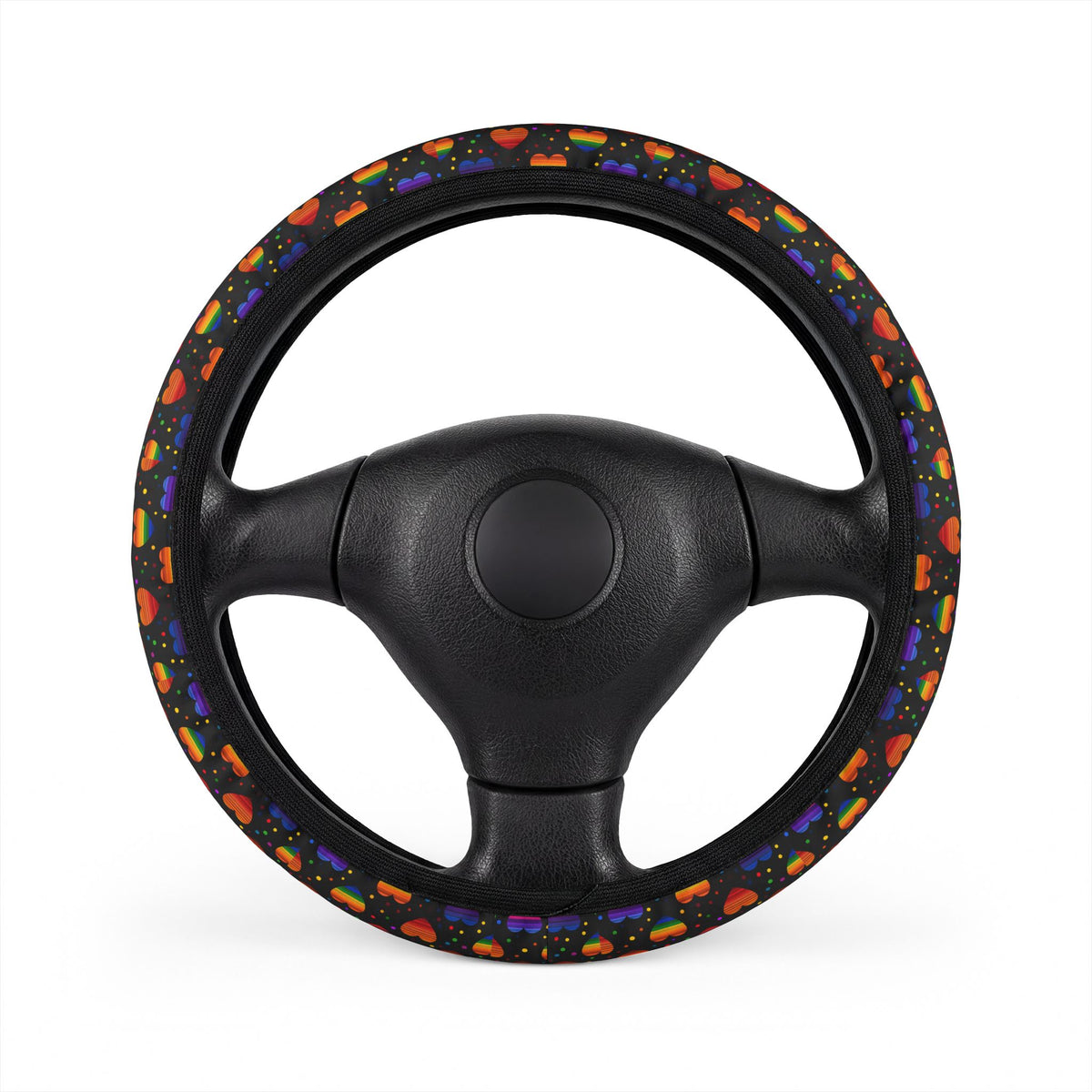 Black rainbow heart steering wheel cover, on a steering wheel