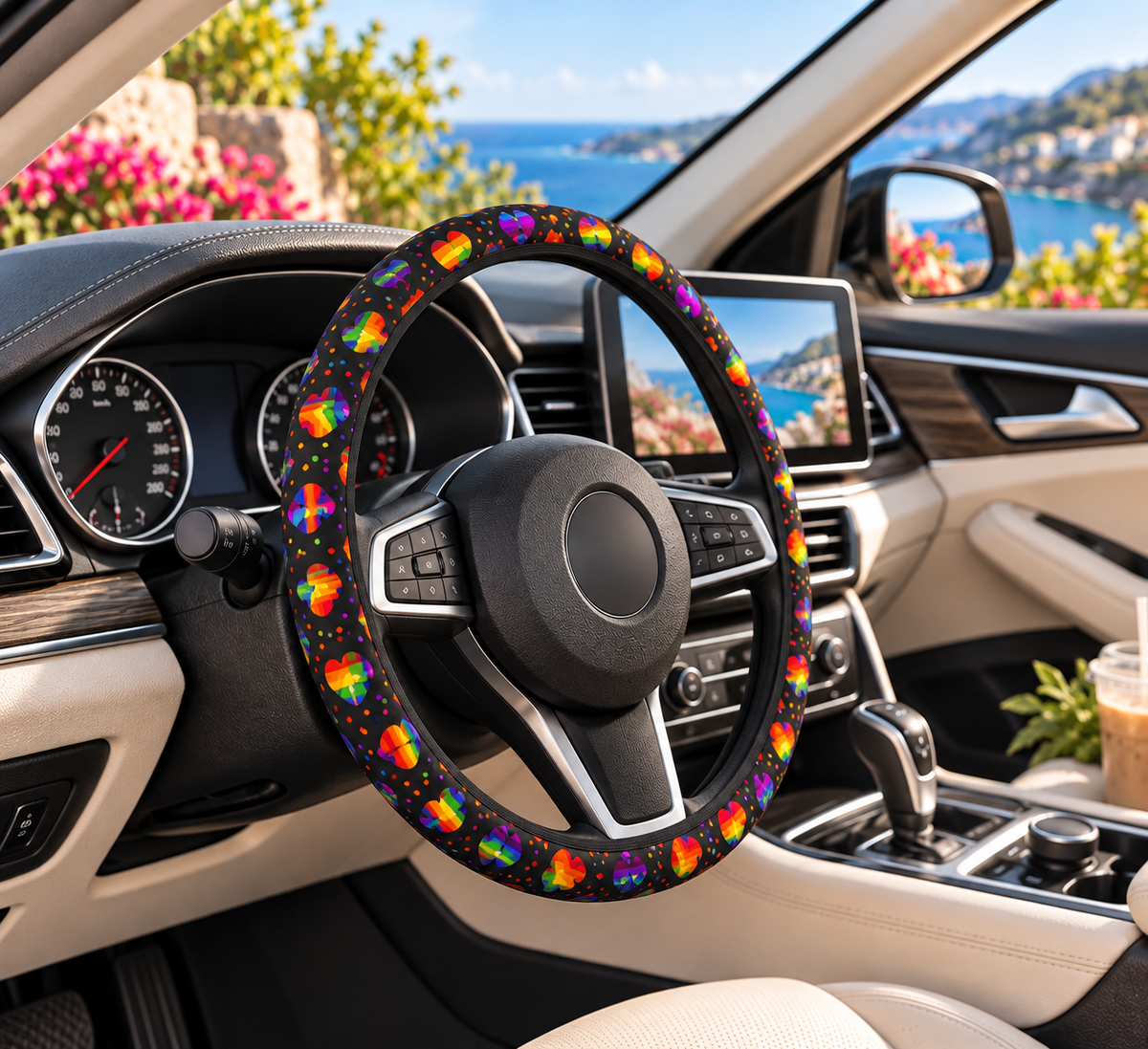 Black rainbow heart steering wheel cover shown in a car interior