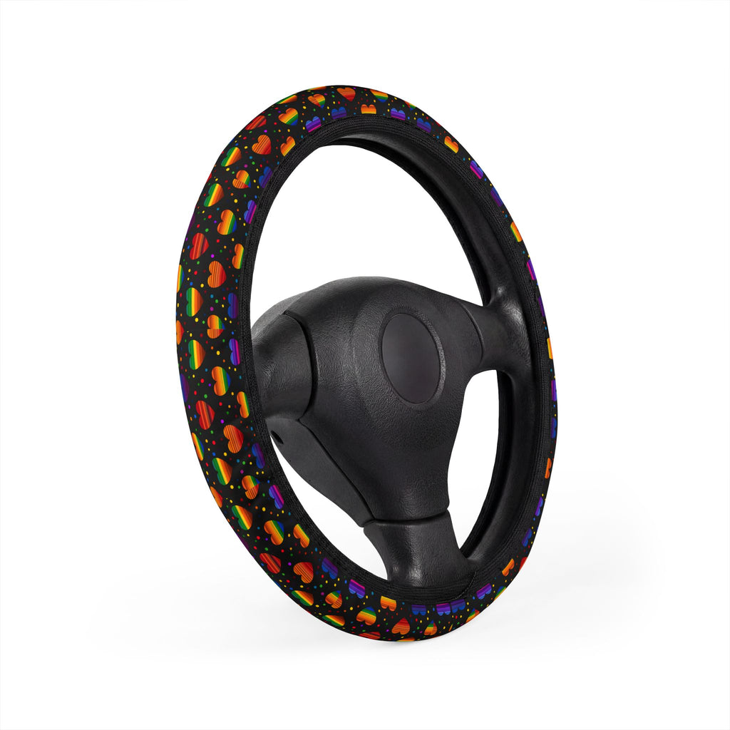 Black rainbow heart steering wheel cover, product view 3