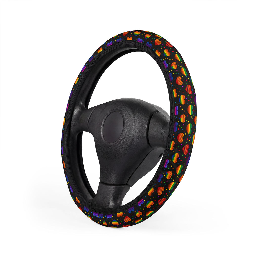 Black rainbow heart steering wheel cover, product view 4