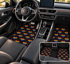 Black rainbow pride car mats shown in a car interior