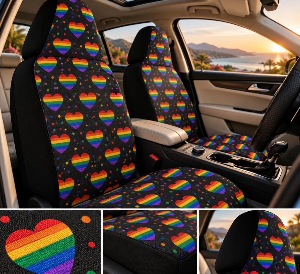 Black rainbow pride car seat covers shown in a car interior