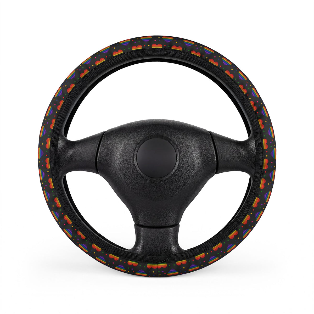 Black rainbow pride steering wheel cover, on a steering wheel