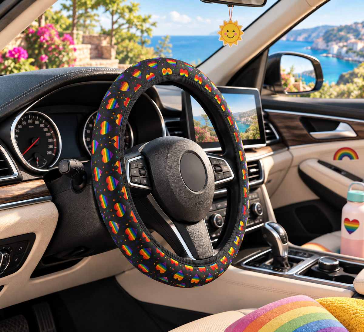 Black rainbow pride steering wheel cover shown in a car interior