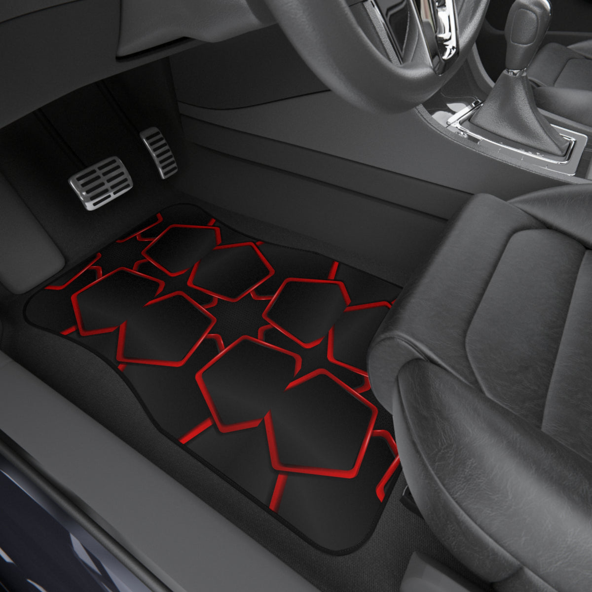 Black red polygon car mats shown in a car interior