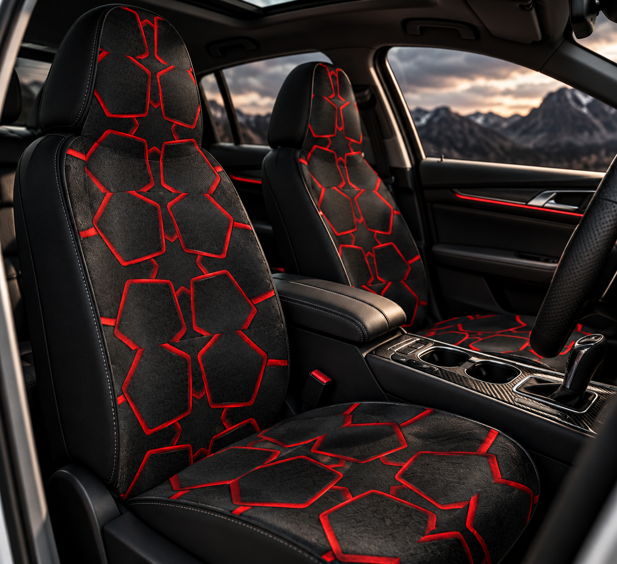 Black red polygon car seat covers shown in a car interior