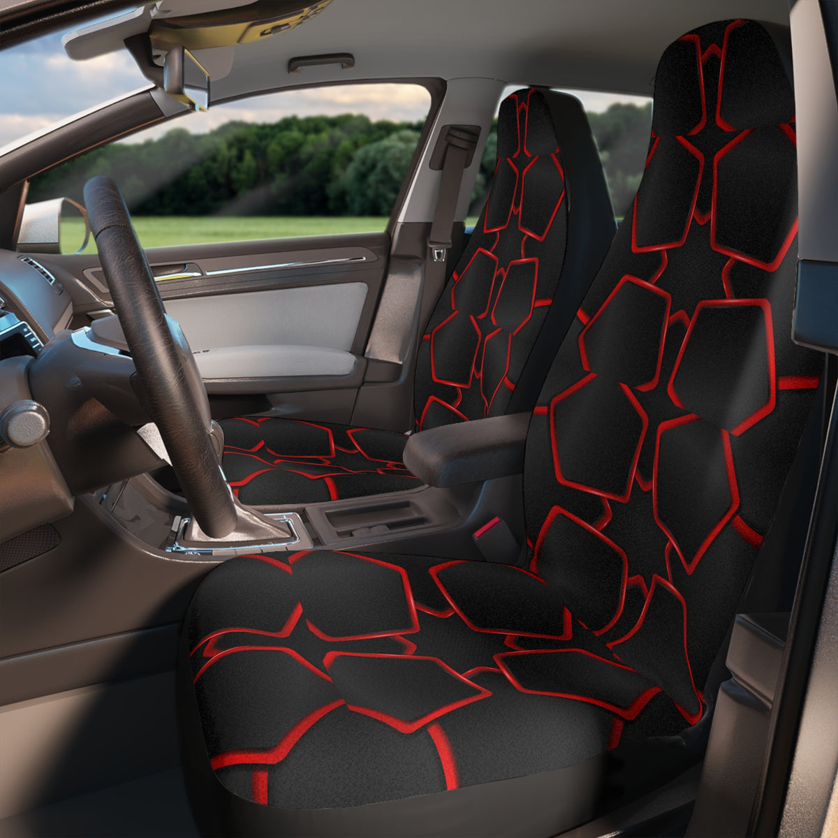 Black red polygon car seat covers, product view 3