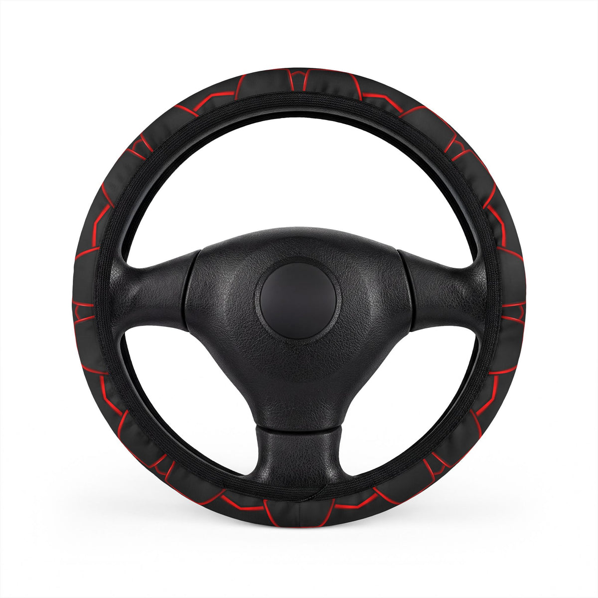 Black red polygon steering wheel cover, on a steering wheel