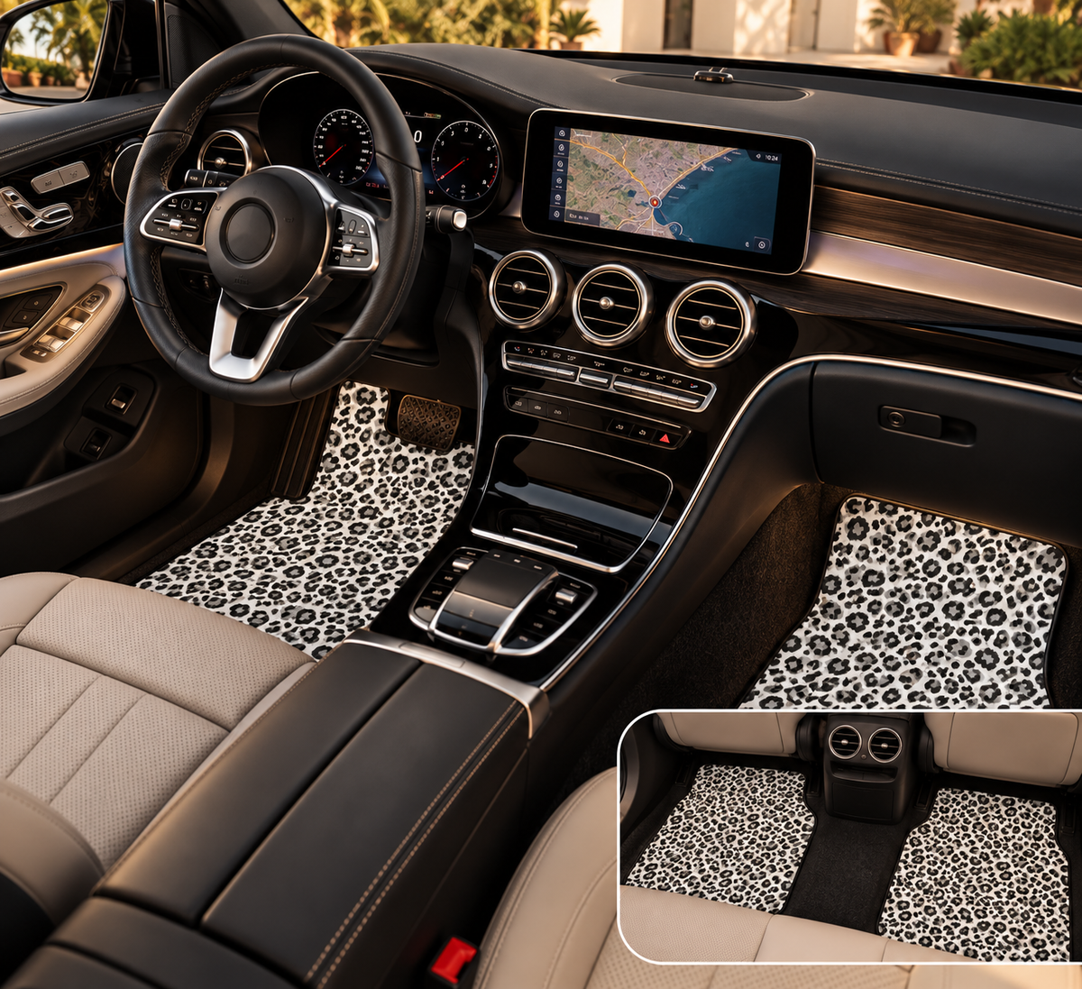 Black white cheetah print car mats shown in a car interior