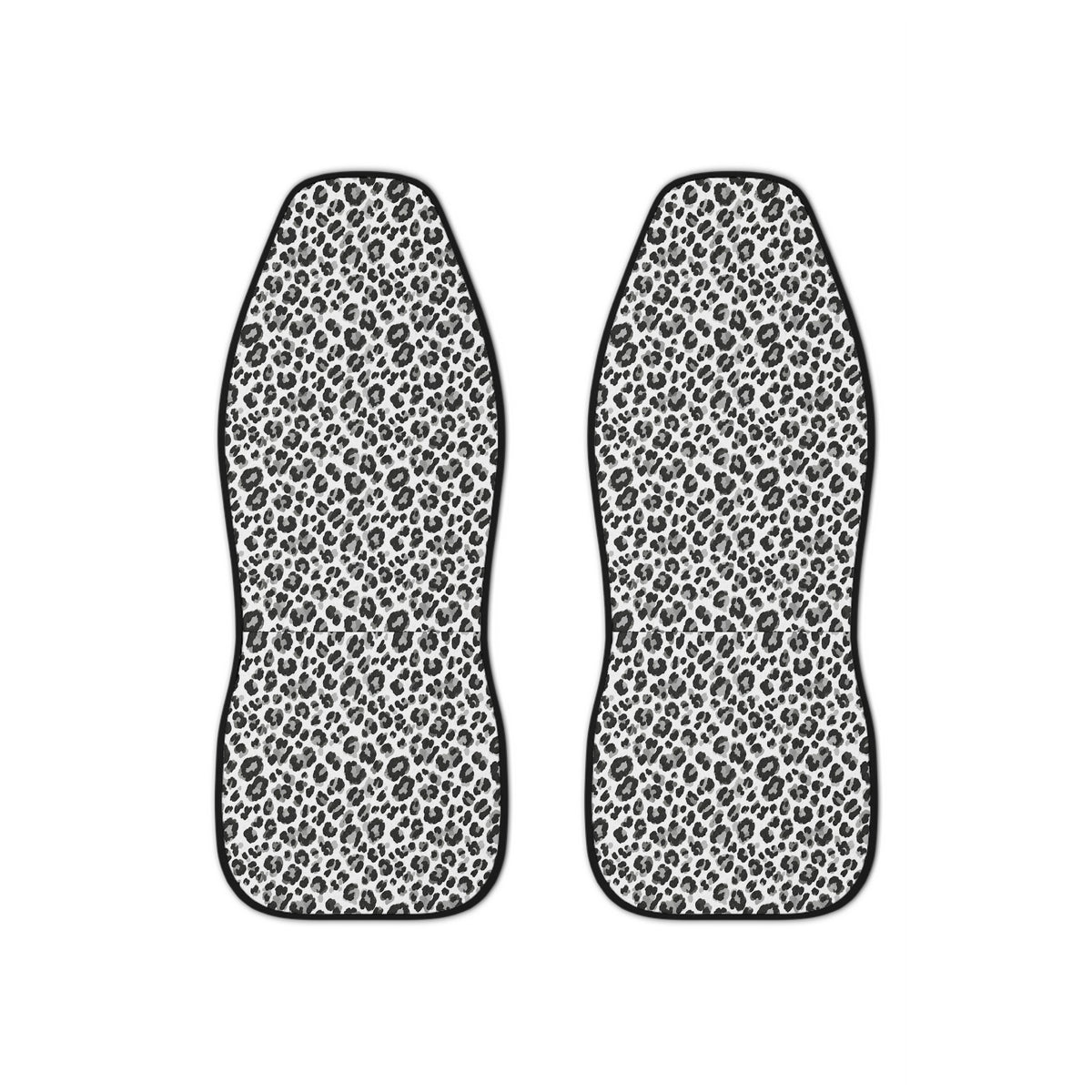 Black white cheetah print car seat covers, set of two shown side by side