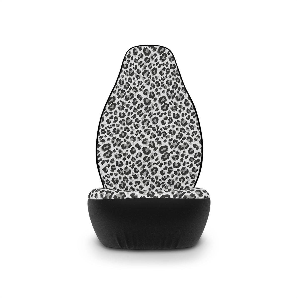 Black white cheetah print car seat covers, single cover on a seat, front view