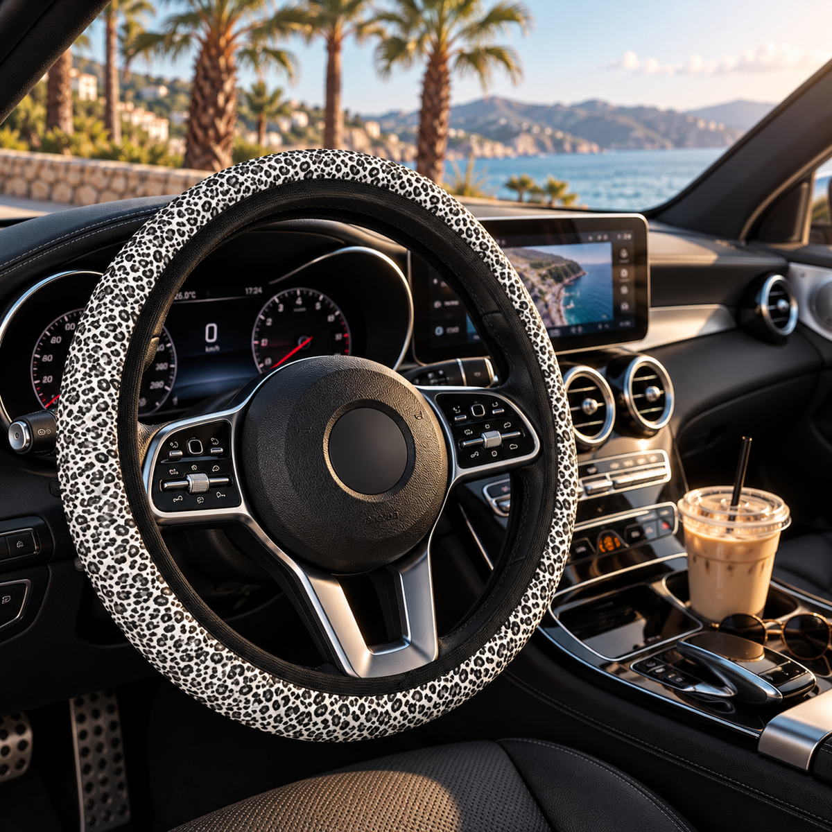 Black white cheetah print steering wheel cover shown in a car interior
