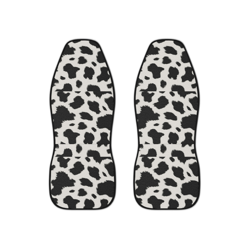 Black white cow print car seat covers, set of two shown side by side