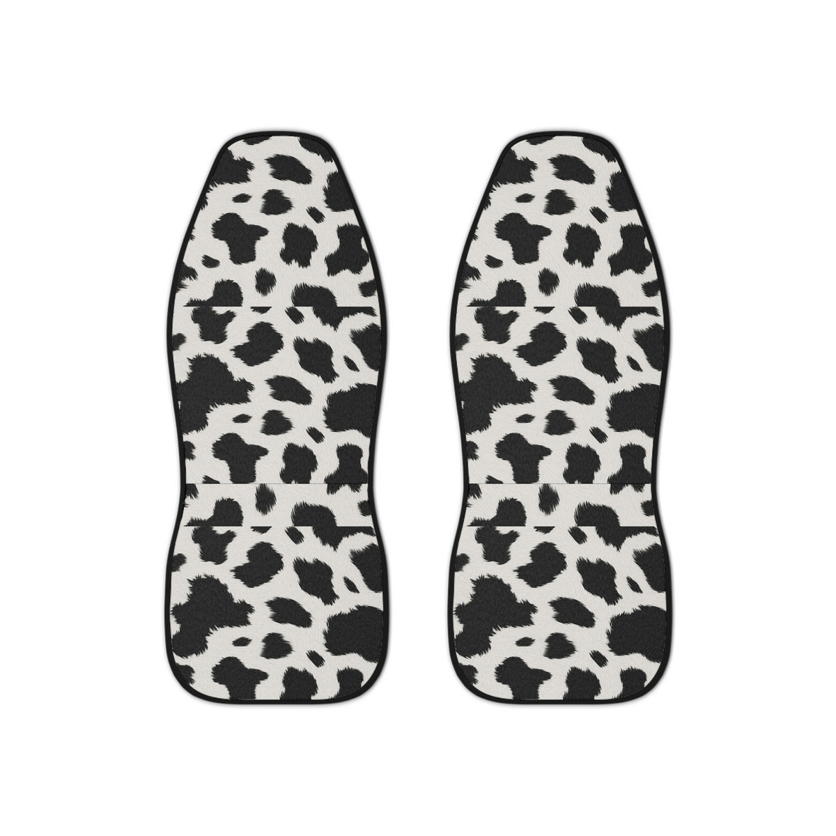 Black white cow print car seat covers, set of two shown side by side