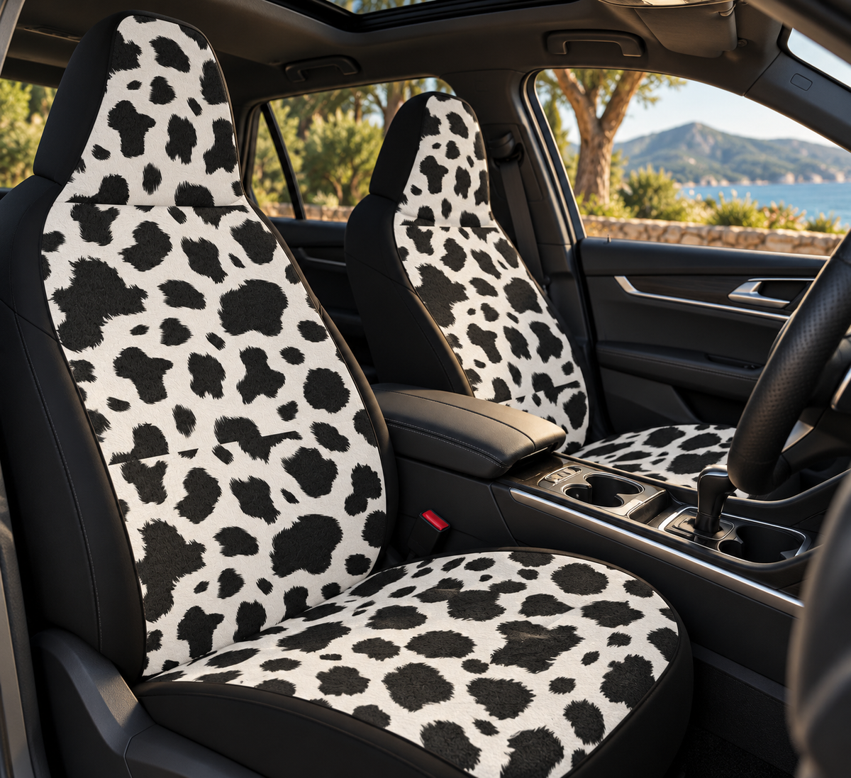 Black white cow print car seat covers shown in a car interior