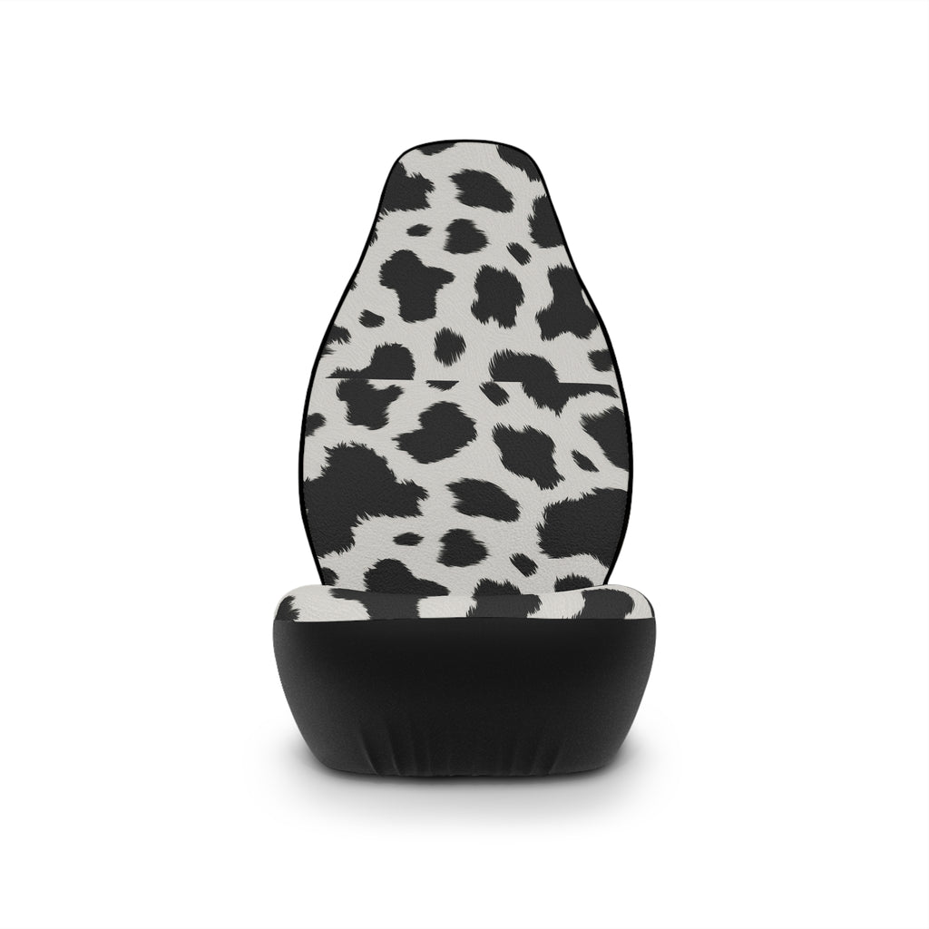Black white cow print car seat covers, single cover on a seat, front view
