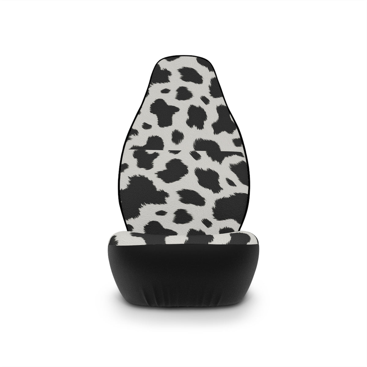 Black white cow print car seat covers, single cover on a seat, front view