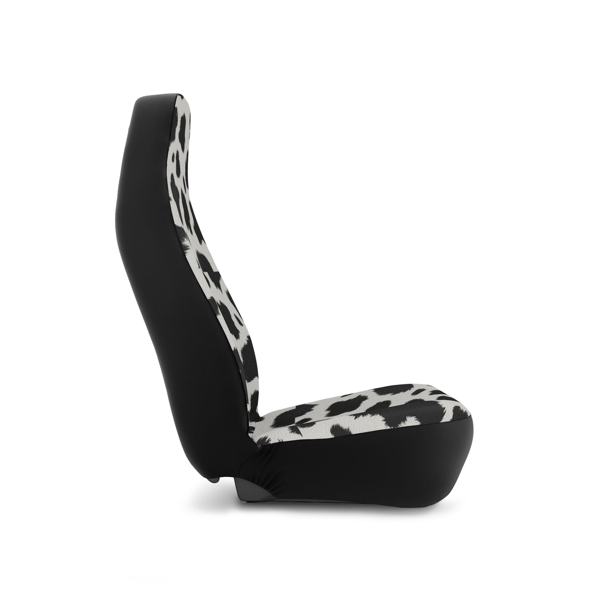 Black white cow print car seat covers, on a seat, side view facing right