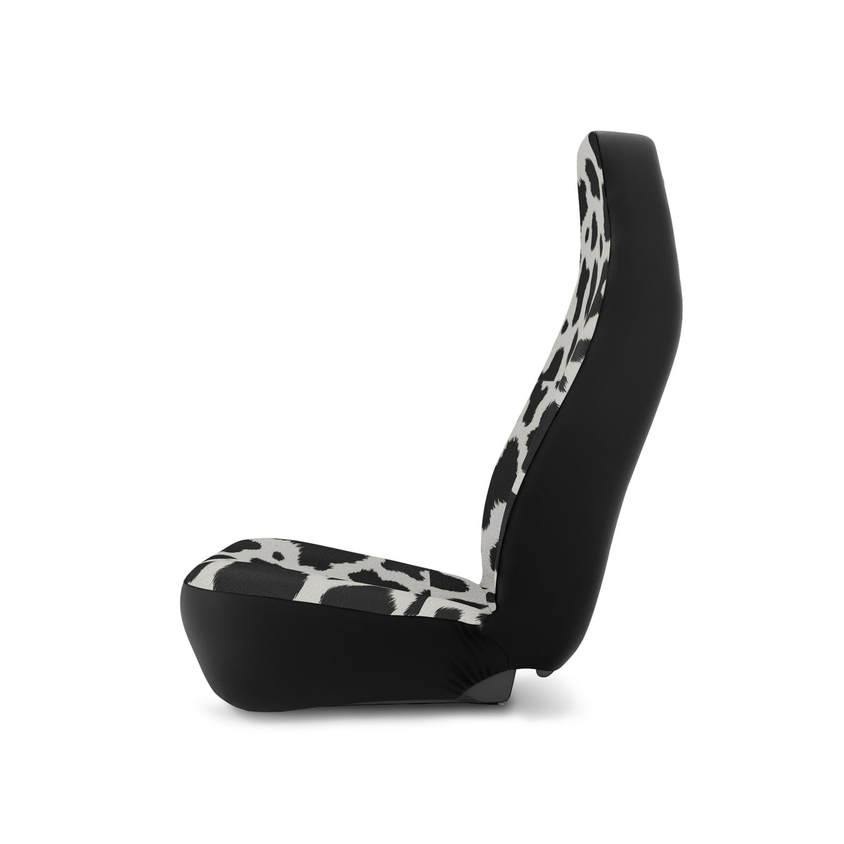 Black white cow print car seat covers, on a seat, side view facing left