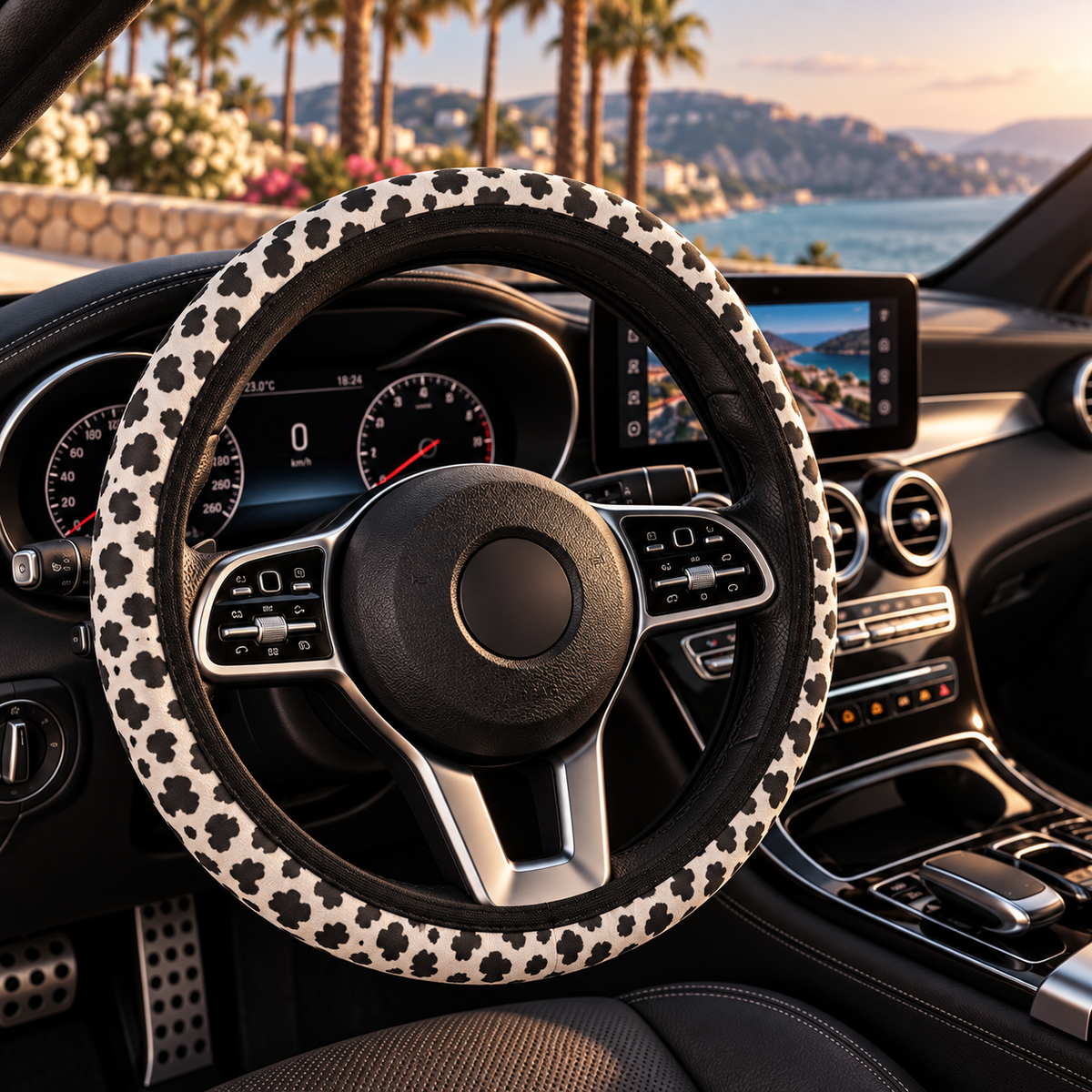 Black white cow print steering wheel cover shown in a car interior