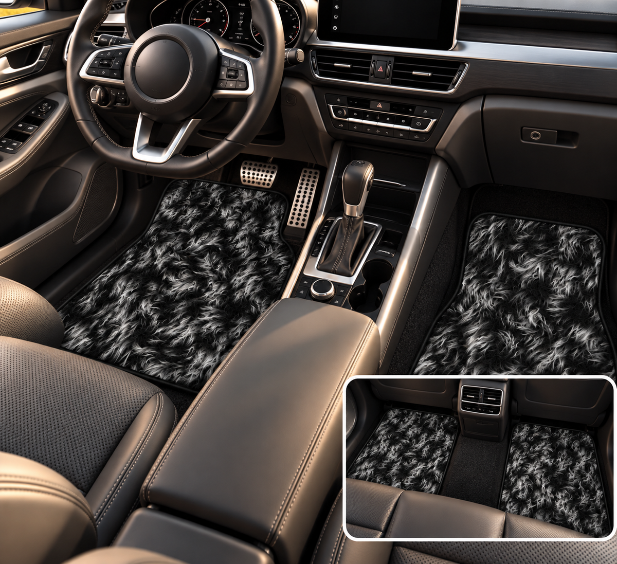 Black white fur look car mats shown in a car interior