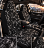 Black white fur look car seat covers shown in a car interior