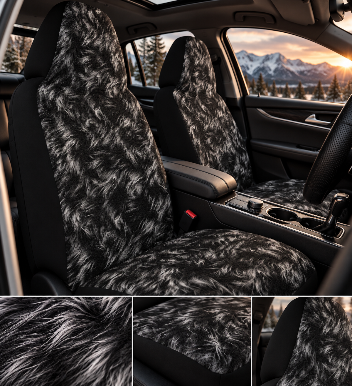 Black white fur look car seat covers shown in a car interior