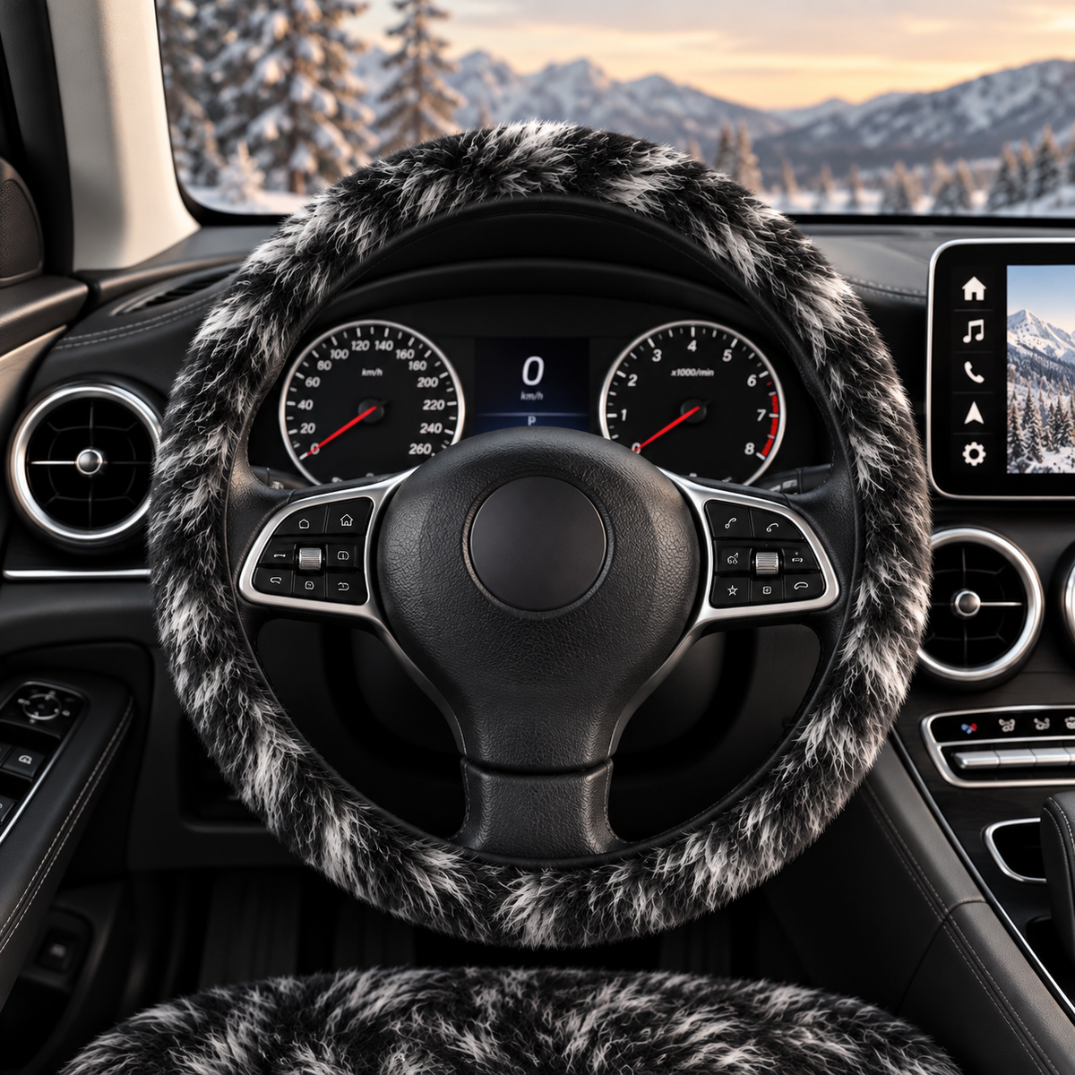 Black white fur look steering wheel cover shown in a car interior