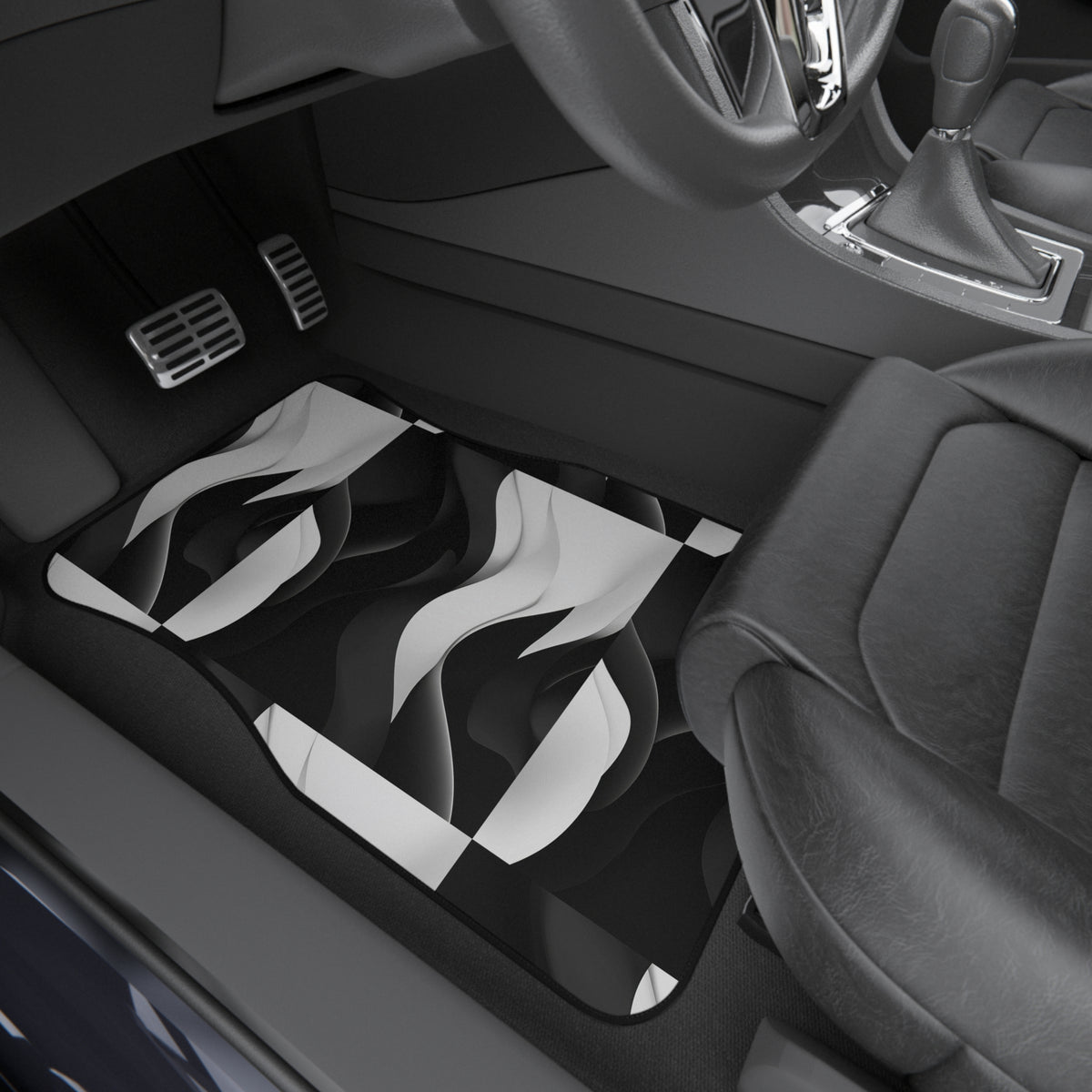 Black white wave car mats shown in a car interior