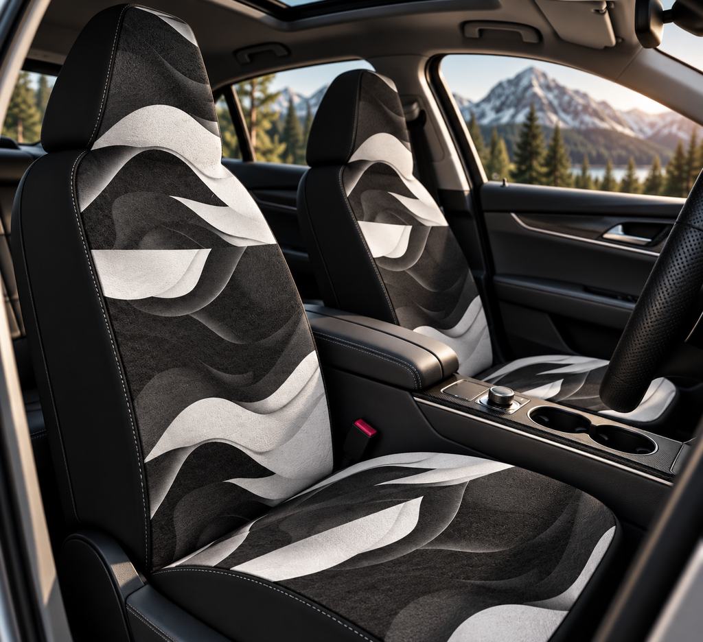 Black white wave car seat covers shown in a car interior