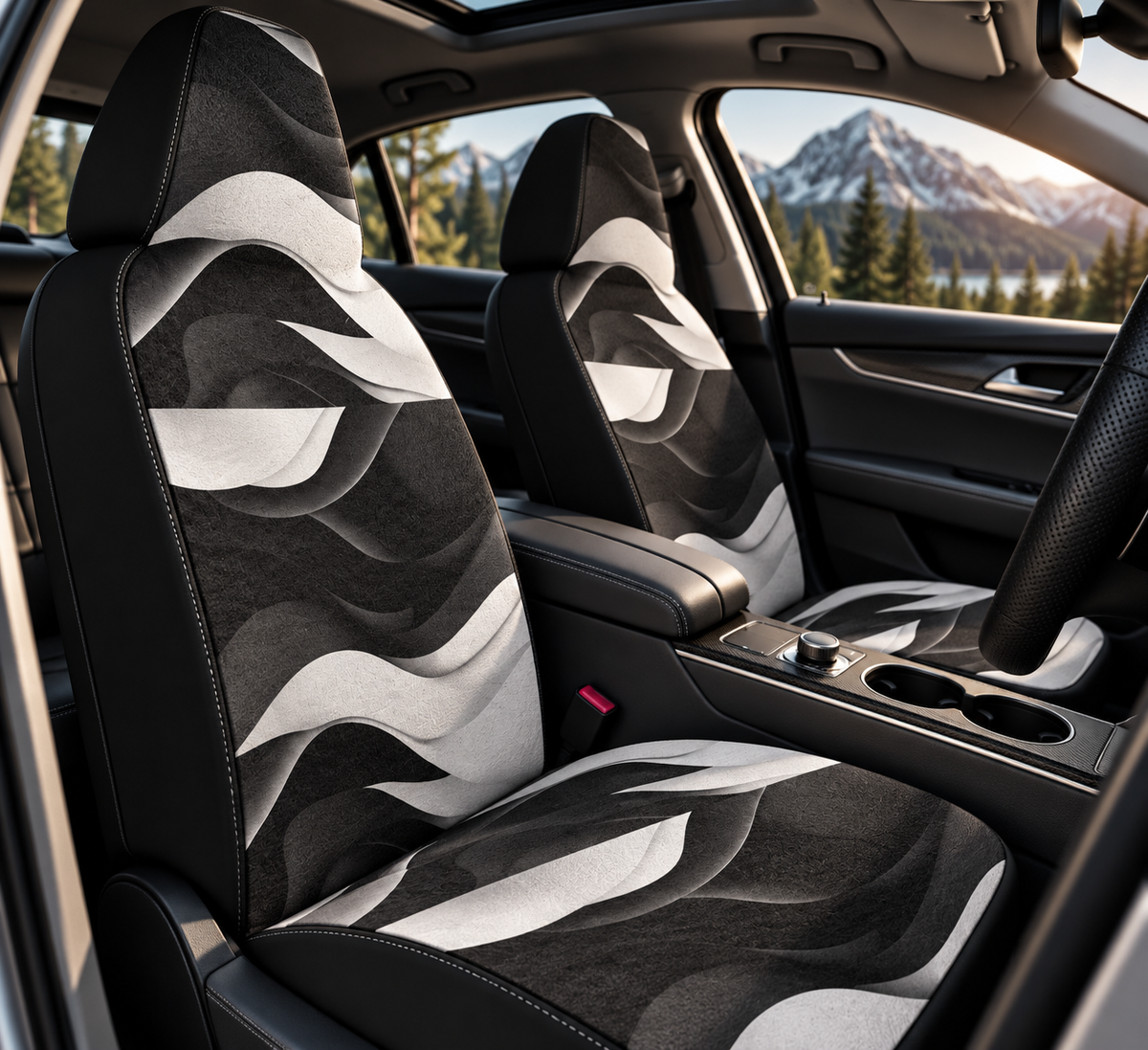 Black white wave car seat covers shown in a car interior