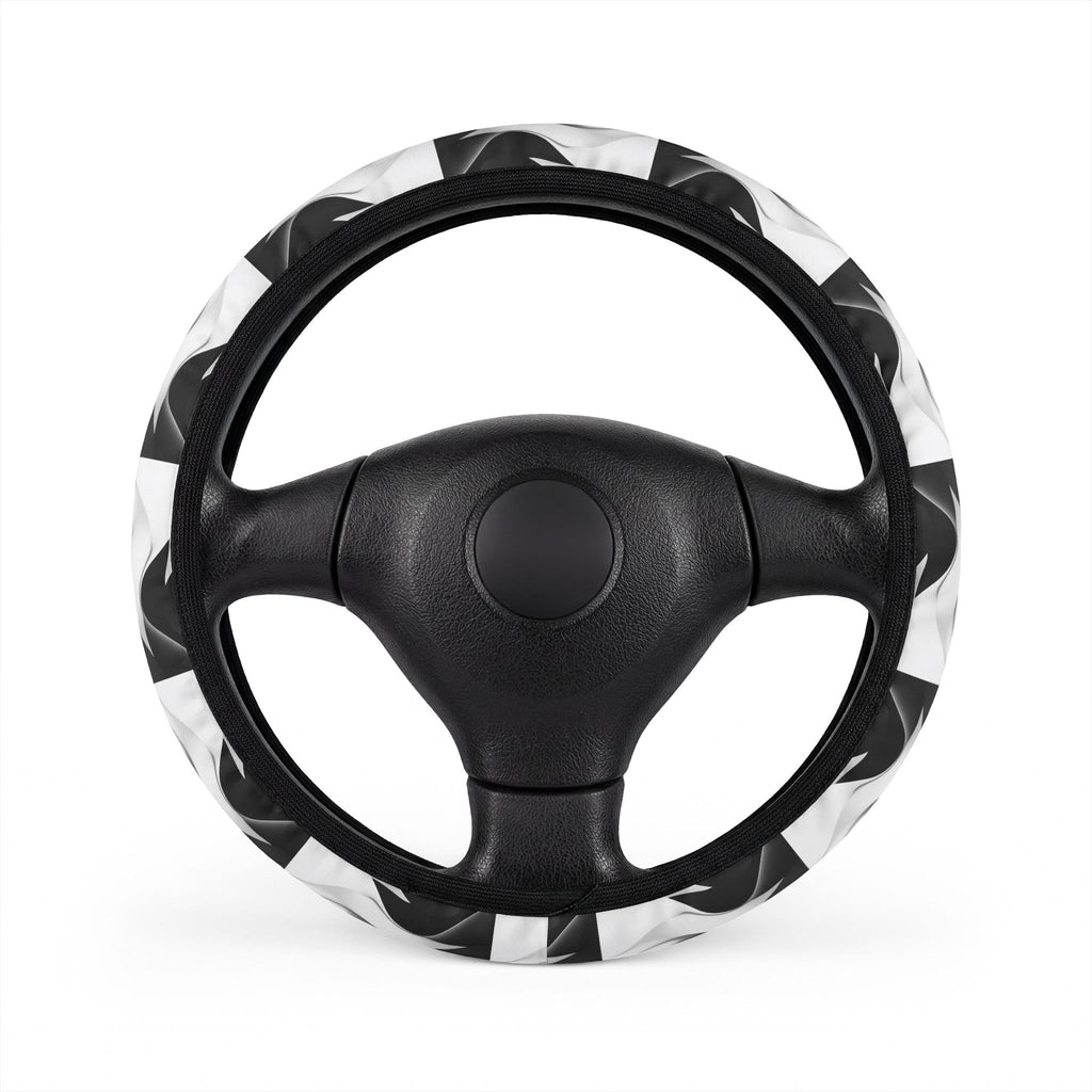 Black white wave steering wheel cover, on a steering wheel