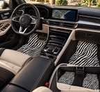 Black white zebra print car mats shown in a car interior