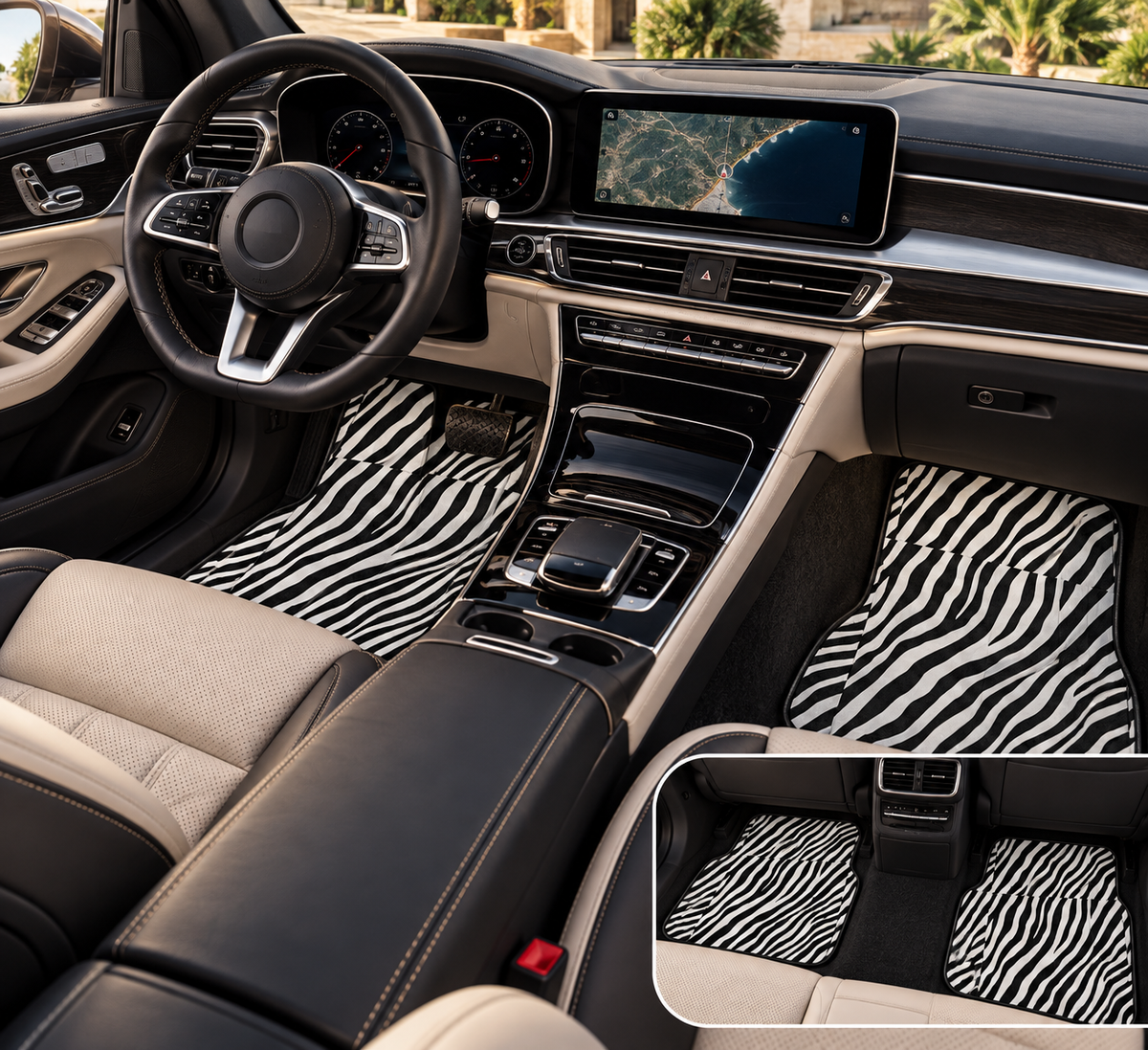 Black white zebra print car mats shown in a car interior