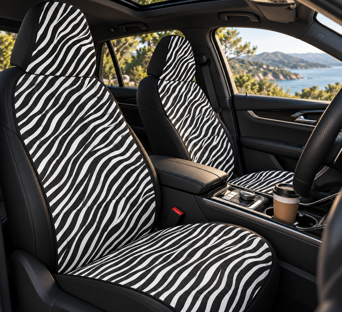Black white zebra print car seat covers shown in a car interior