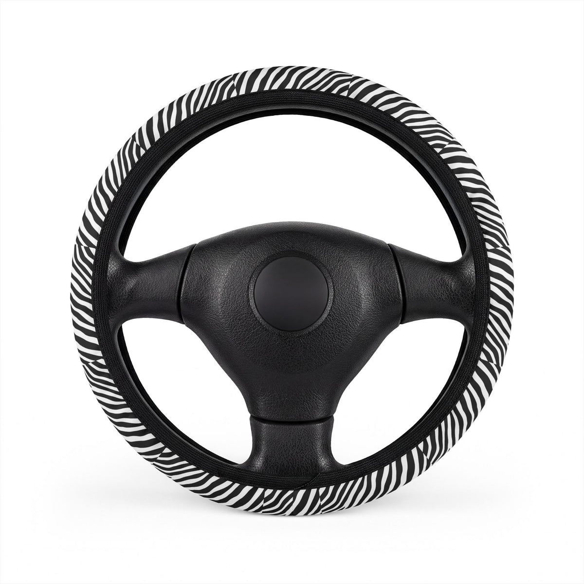 Black white zebra print steering wheel cover, front view