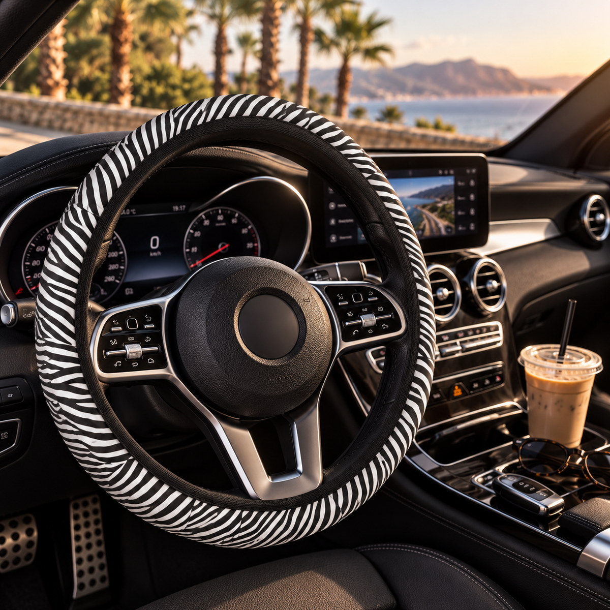 Black white zebra print steering wheel cover shown in a car interior
