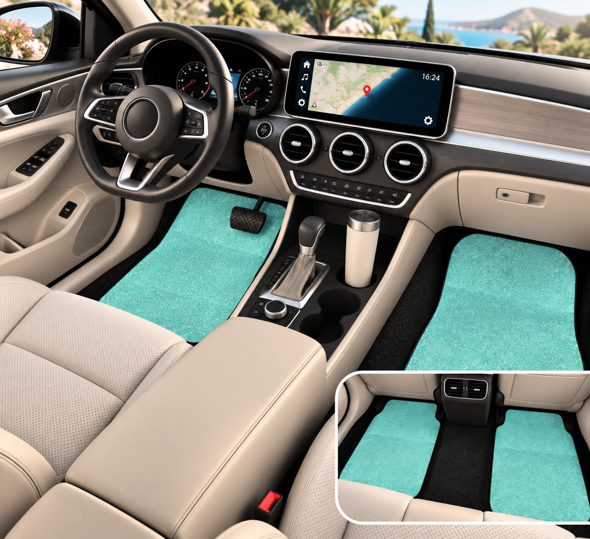 Blue rainbow glitter car mats shown in a car interior