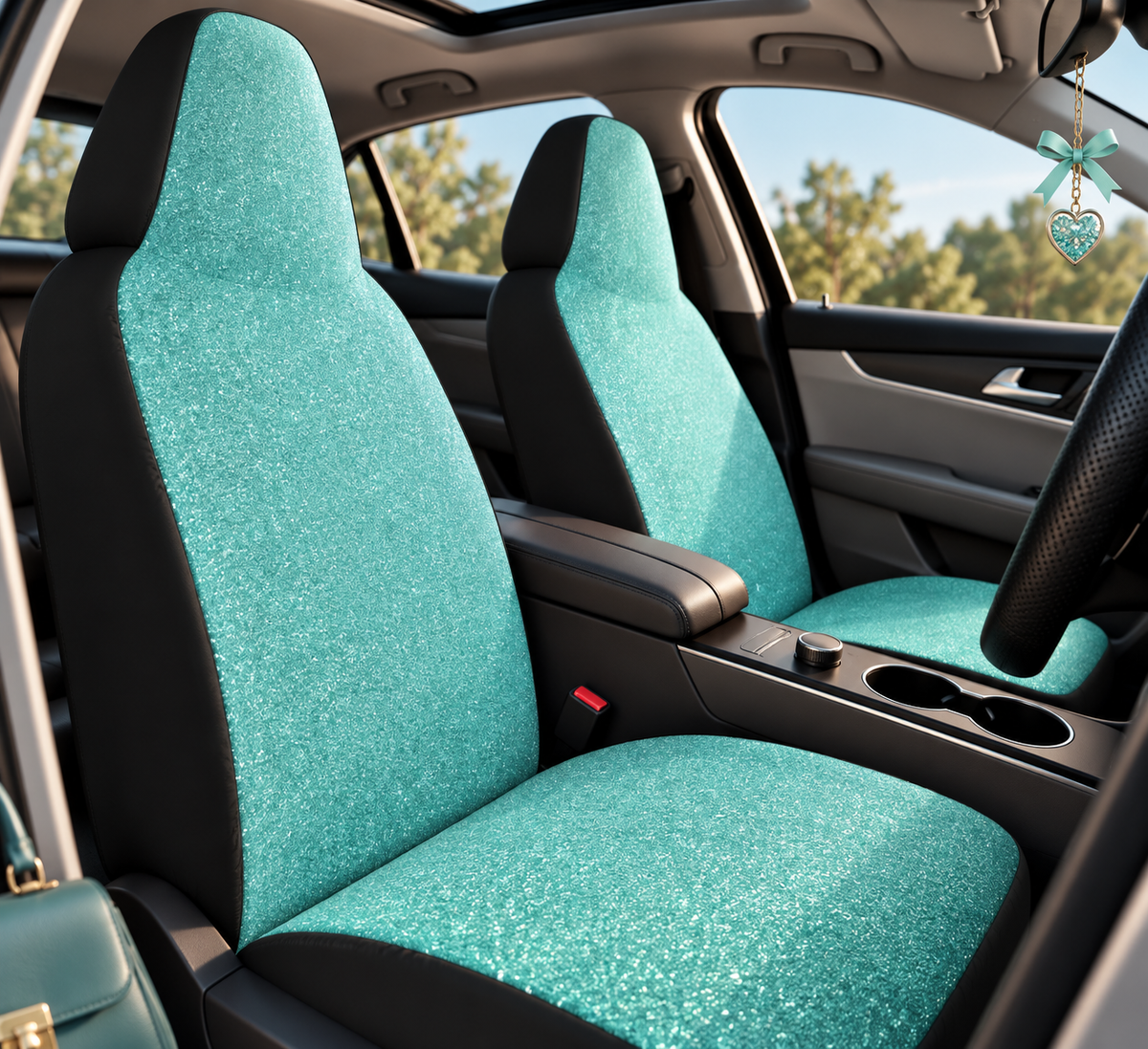 Blue rainbow glitter car seat covers shown in a car interior