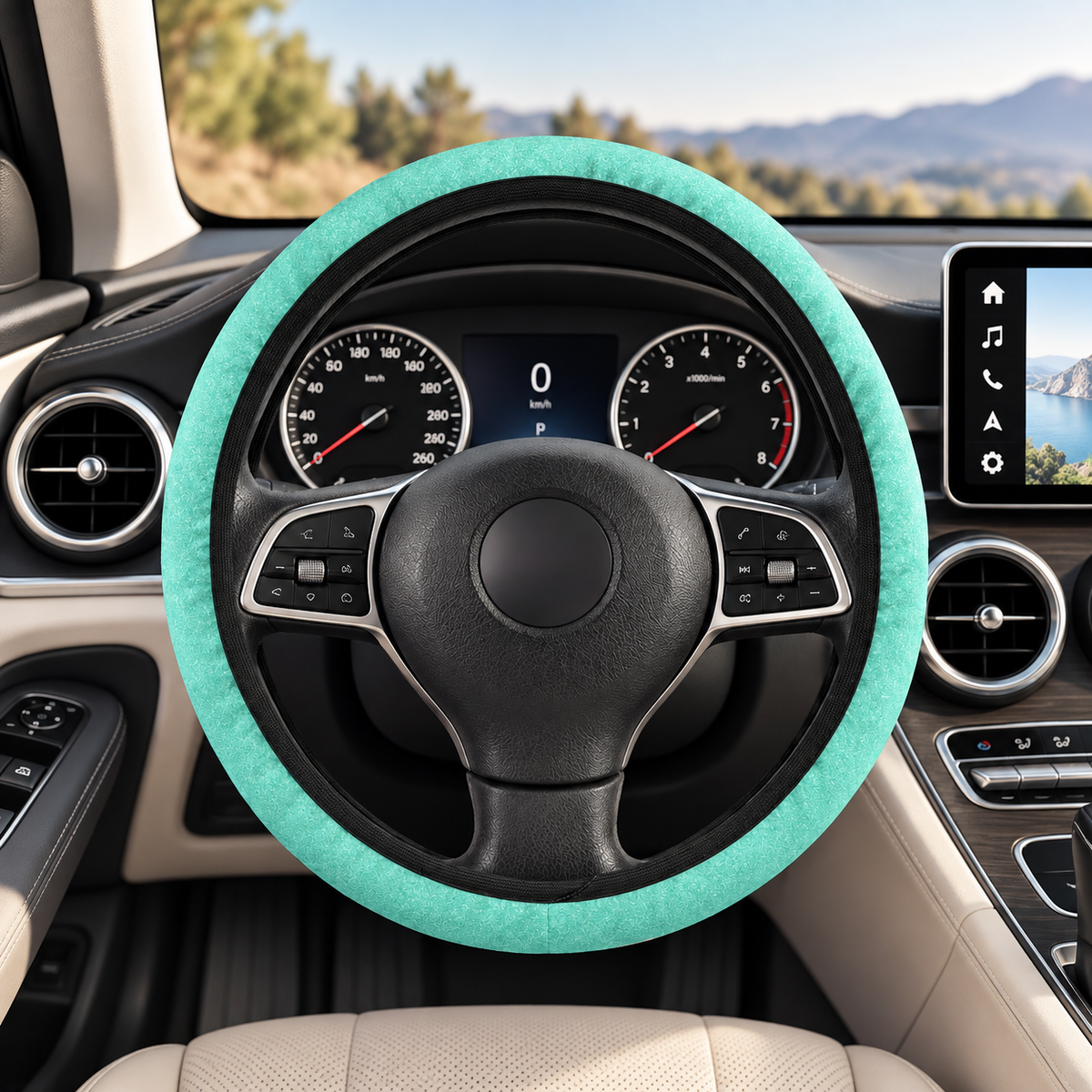 Blue rainbow glitter steering wheel cover shown in a car interior