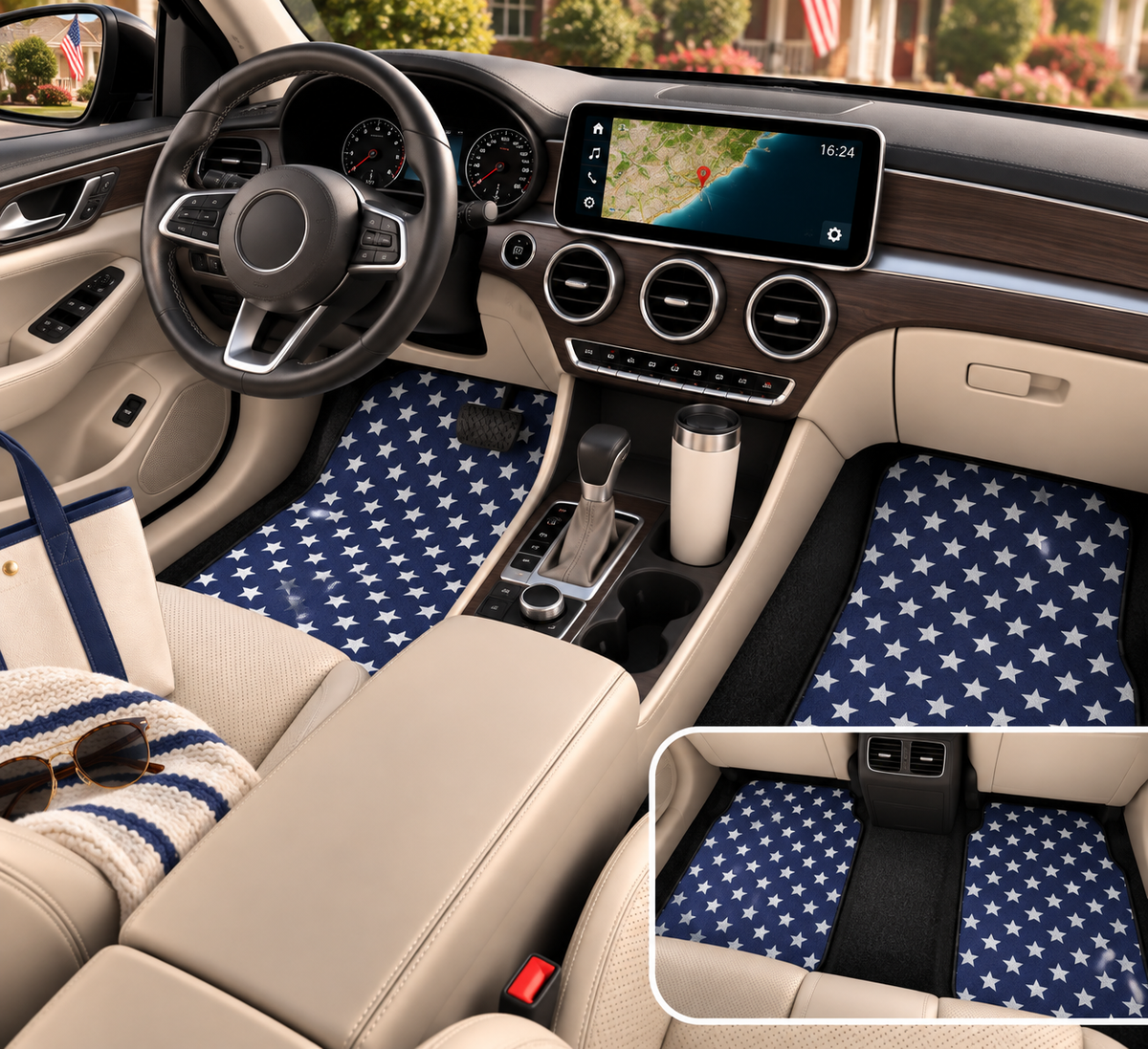 Blue star American flag car mats shown in a car interior