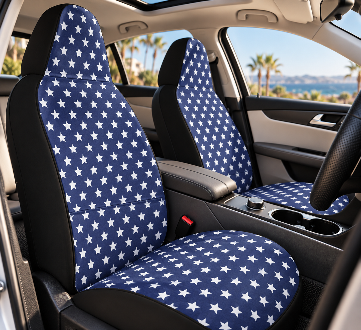 Blue star American flag car seat covers shown in a car interior