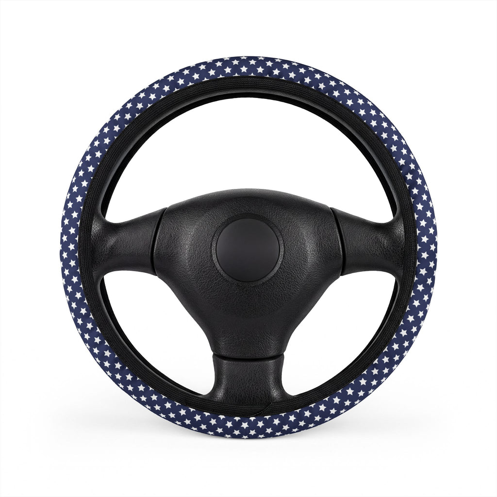 Blue star American flag steering wheel cover, on a steering wheel