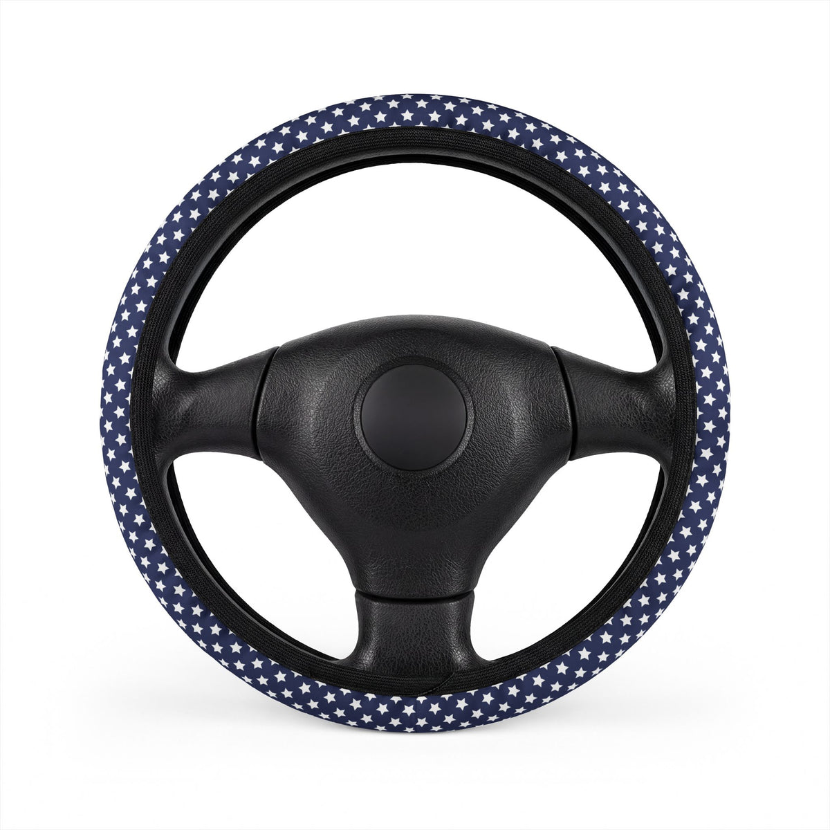 Blue star American flag steering wheel cover, on a steering wheel