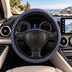 Blue star American flag steering wheel cover shown in a car interior