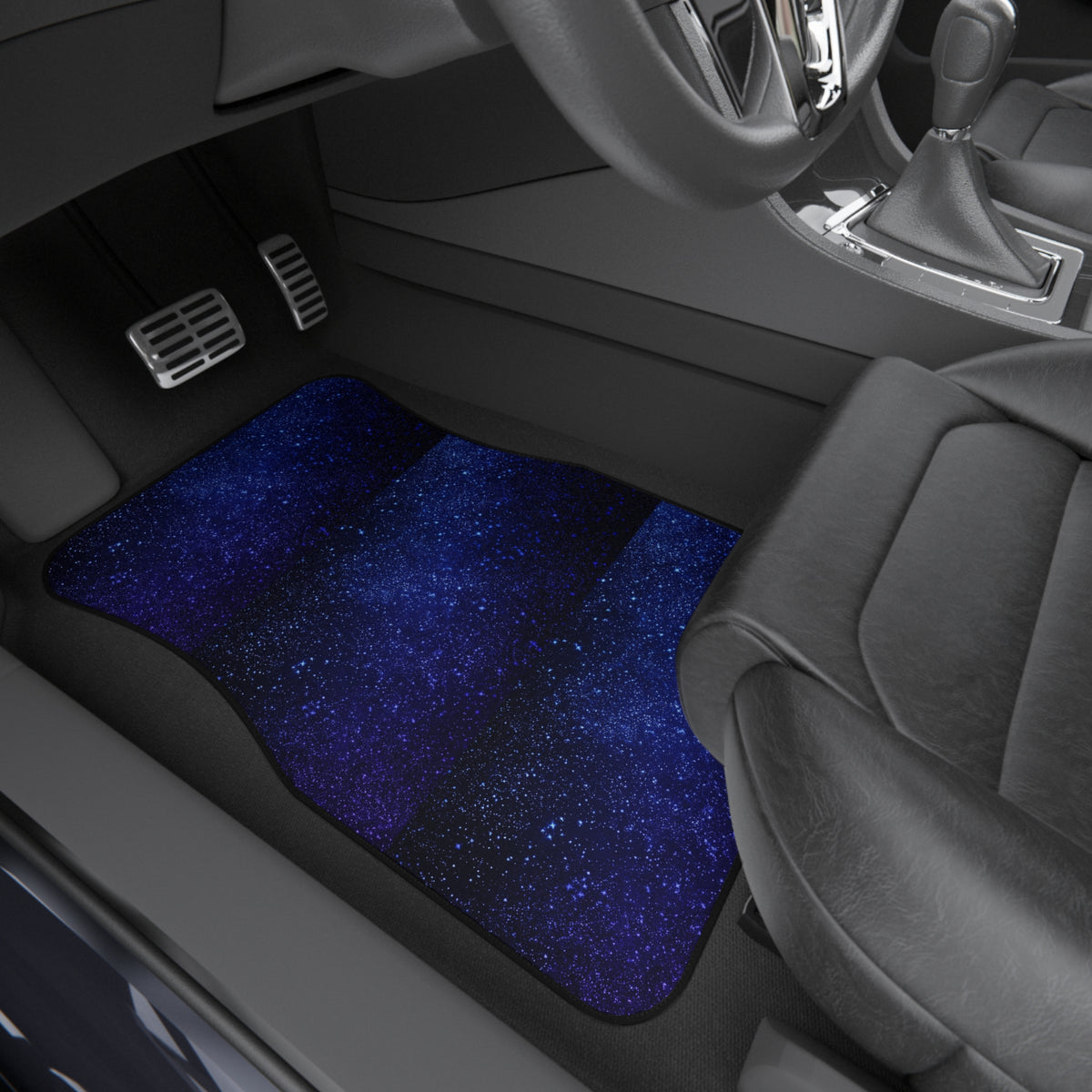 Blue starry galaxy car mats shown in a car interior